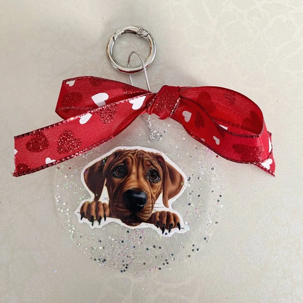 Hand Crafted Red Ribbon Rhodesian Ridgeback Dog Clear Glitter Ornament Keyring